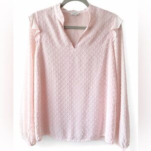 J.Crew Pink Swiss Dot Ruffle Neck Blouse Romantic Long Sleeve Top Size M